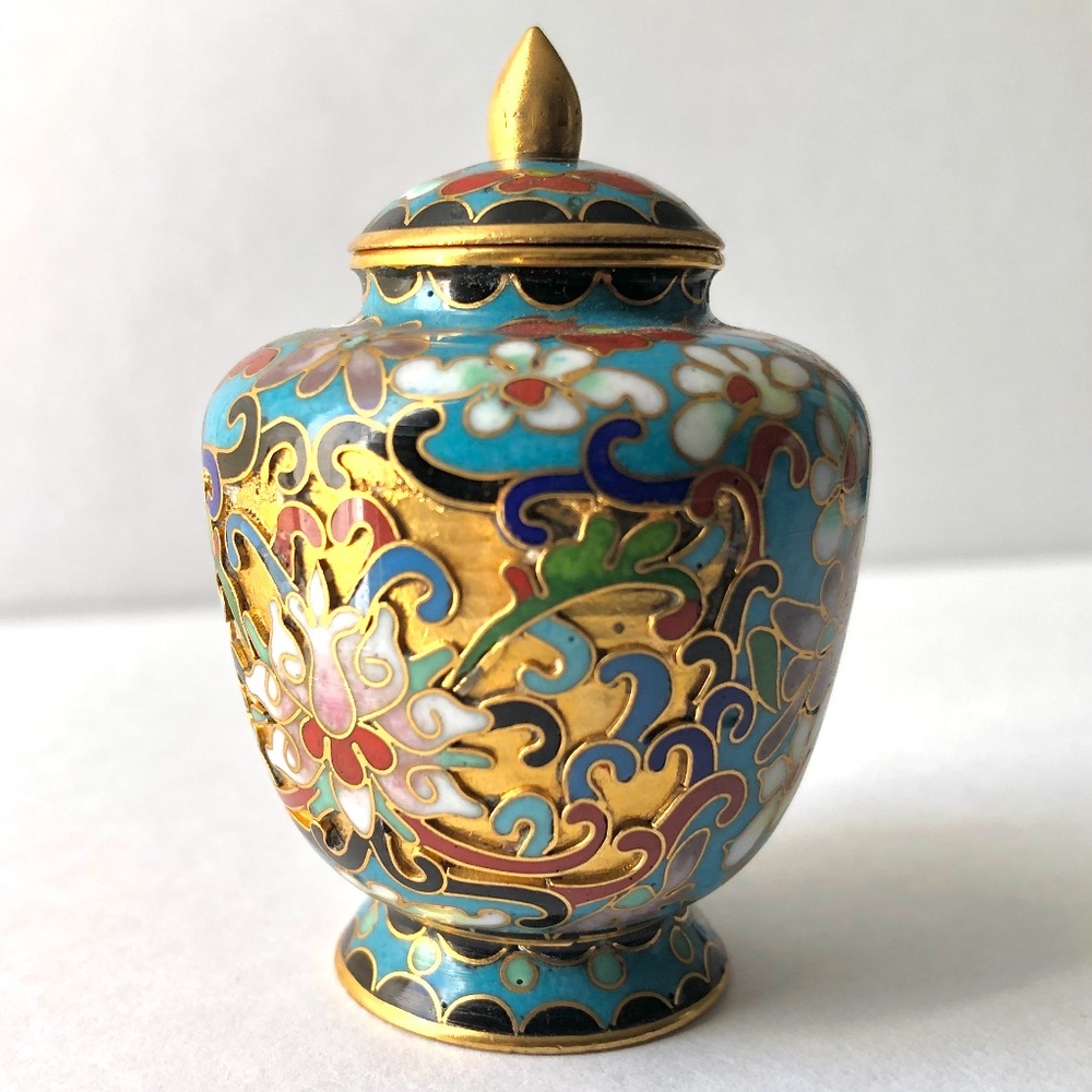 Chinese lotus flower cloisonne ginger jar vase with lid blue gold brass enamel - Picture 12 of 16